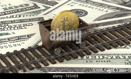 3D-Illustration: Bergbau Trolley mit bitcoin auf den Schienen auf us-Dollar Banknoten Hintergrund. Prognose der Wechselkurs springt. Stockfoto