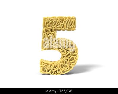 Nudeln in Form von Nummer 5. curly Spaghetti zu kochen. 3D-Darstellung Stockfoto