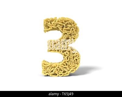 Nudeln in Form von Nummer 3. curly Spaghetti zu kochen. 3D-Darstellung Stockfoto