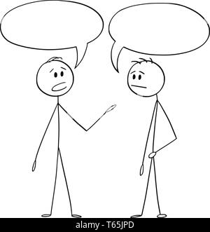 Cartoon Strichmännchen Zeichnung konzeptuelle Abbildung von zwei Männern oder Geschäftsleute sprechen mit leeren oder Leerzeichen oder Sprechblasen oder Ballons oben. Stock Vektor