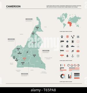 Vektor Karte von Kamerun. Hoch detaillierte Landkarte mit Abteilung, Städte und Hauptstadt Yaounde. Politische Landkarte, Weltkarte, infografik Elemente. Stock Vektor