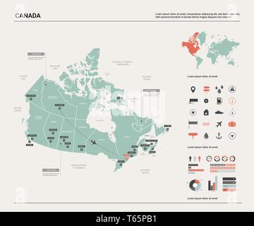 Vektorkarte von Kanada. Hoch detaillierte Landkarte mit Abteilung, Städte und Hauptstadt Ottawa. Politische Landkarte, Weltkarte, infografik Elemente. Stock Vektor