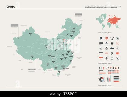 Vektor Karte von China. Hoch detaillierte Landkarte mit Abteilung, Städten und der Hauptstadt Peking. Politische Landkarte, Weltkarte, infografik Elemente. Stock Vektor