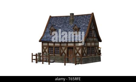 Mittelalterliche Cottage - auf weißem Hintergrund - 3D-Darstellung Stockfoto