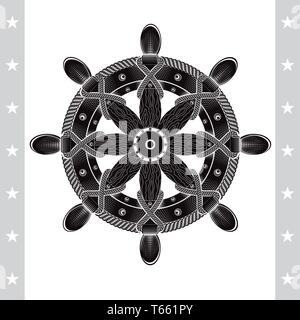 Vintage Schiff Rad mit Netzkabel auf Weiß. Marine Aufkleber in Gravur Stil Stock Vektor