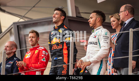 Monte Carlo / Monaco - 05/27/2018 - Daniel Ricciardo (AUS), Sebastian Vettel (GER) und Lewis Hamilton (GBR) auf dem Podium der affter 2018 GP Monaco Stockfoto