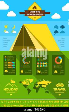 Flache Camping Infografik-Vorlage. Stockfoto