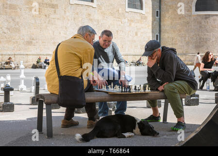 Schachspiel, Blick auf Männer mittleren Alters, die eine Schachpartie auf dem Kapitelplatz in Salzburg, Österreich, spielen. Stockfoto