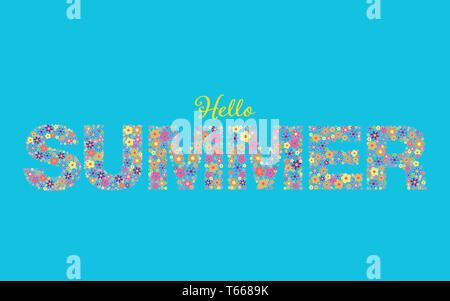 Banner mit dem Satz Hallo Sommer in floralen Schrift auf Himmel blauer Hintergrund Stock Vektor