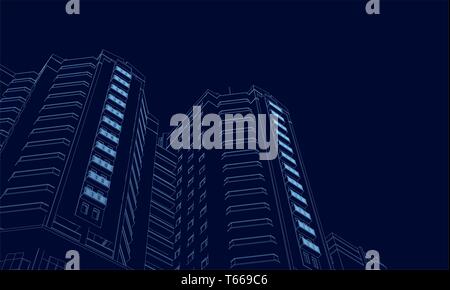 Drahtmodell der Gebäude der blauen Linien auf einem dunklen Hintergrund. 3D. Polygonale Gebäude in der Perspektive. Vector Illustration Stock Vektor