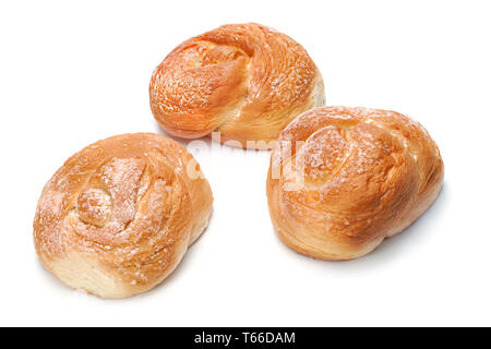 Frische Brötchen, Muffins für Frühstück isoliert auf weißem Stockfoto