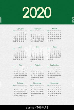 2020 Neue Jahr vector Kalender einfache moderne Green Design mit runden San serif Font, Holiday Event Planner, Woche beginnt Sonntag. Stock Vektor