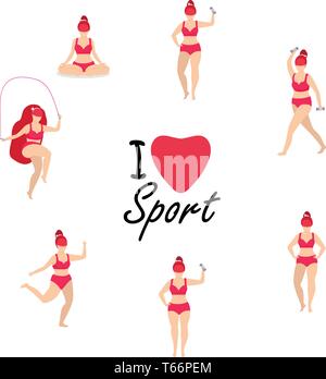 Training Mädchen gesetzt. Frau tun Full Body Fitness, Yoga Übungen mit Hanteln, springen Seil. Fitness, Gewichtsverlust. Plus Size ich liebe Sport Cartoon Fla Stock Vektor