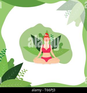 Yoga Girl meditieren Outdoor im Lotussitz auf weißem Hintergrund mit grünen Blättern. Frau Praktizieren von Yoga. Padmasana Yoga Pose für Entspannung und Med Stock Vektor