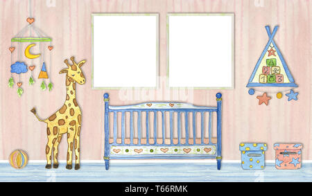 Mockup Rahmen im Kinderzimmer, Aquarell Abbildung. Stockfoto