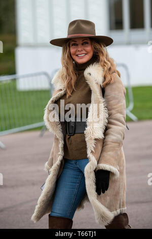 Carol Vorderman an Chepstow Racecourse meines Gonzo-Porn Ihres Pferdes Surf'Racing zu beobachten. Stockfoto