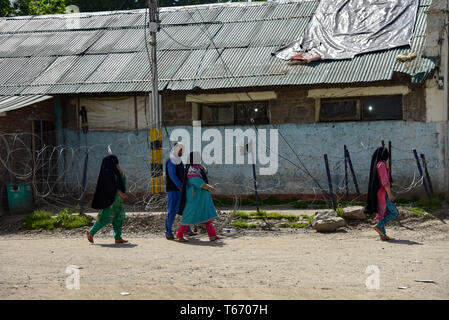 Kaschmir Wähler werden gesehen in einem Wahllokal ihre Stimme während der vierten Phase der Parlamentswahlen in Kulgam zu werfen, südlich von Srinagar. In der vierten Phase der Parlamentswahlen in Indien Wahlen, Inder ging an Umfragen ihre Stimmzettel inmitten komplette Abschaltung und Internet gag zu werfen. Stockfoto