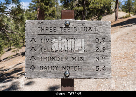 Drei Tees trail Zeichen in der Nähe von Mt Baldy und Icehouse Canyon der Angeles National Forest. Eine beliebte Wildnis Wandergebiet in der Nähe von Los Angeles und Pasaden Stockfoto