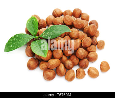Haufen frische Haselnüsse ohne Schale mit grünen Blättern Stockfoto