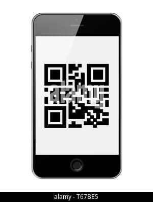 Smart Phone mit QR-Code isoliert auf weißem Hintergrund. Stockfoto