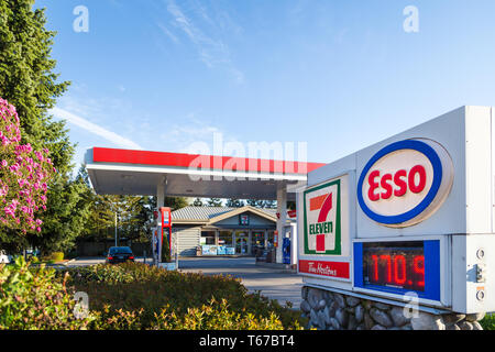 NORTH VANCOUVER, BC, Kanada - 19.April 2019: North American alle Zeit hohe Gaspreise schlagen die Vancouver Bereich wie auf dieser Tankstelle Anzeige sichtbar. Stockfoto