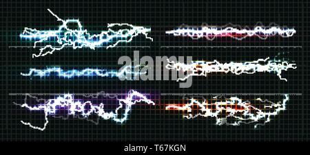 Blitz verschiedene Farben eingestellt, glühende Thunderbolt und brightning power Schock magic Linien auf schwarzem Hintergrund. Vector Illustration. Stock Vektor