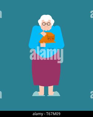 Großmutter und Katze. Granny Anschläge pet. Alte Dame und Kätzchen in der Hand Stock Vektor