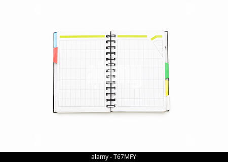 Öffnen leer persönlichen Organizer mit Binder, isoliert auf weißem Stockfoto