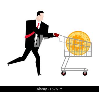 Geschäftsmann und Bitcoin in den Warenkorb. Kaufen Der cryptocurrency. Crypto exchange Verkauf Stock Vektor