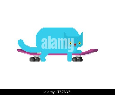 Katze auf Skateboard pixel Art Haustier an Bord pixelated. Kätzchen Skateboarder alte Spiel Grafik. 8 bit Vector Illustration Stock Vektor