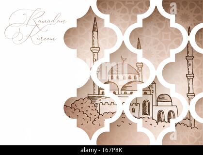 Grußkarte, Einladung für muslimische Urlaub Ramadan Kareem. Hand gezeichneten Moschee durch ornamentale arabische Fenster. Line art Design. Vector Illustration Stock Vektor
