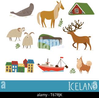 Satz von Island Natur, um Vektorsymbole mit Landschaften, Tieren und Architektur. Stock Vektor