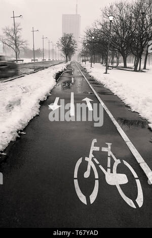 Nasse Fahrrad Lane in der Stadt bei schlechtem Wetter in der Wintersaison mit Straßenschildern auf Asphalt traffic Symbol gemalt. Schwarz/Weiß-Bild Stockfoto