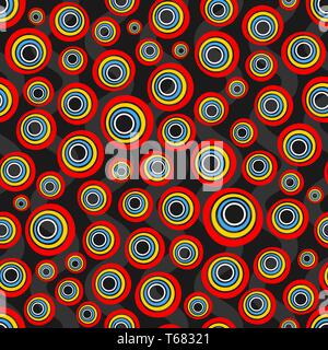 Nahtlose Hintergrund der konzentrischen Kreise in Neon Regenbogen Farben auf Schwarz Stock Vektor