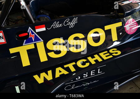 Imola, 27. April 2019: Detail der Historischen 1976 F1 Ensign ex Ronnie Kessel von Alex Caffi in die Box gefahren bei Minardi historischer Tag 2019 in Imola Stockfoto