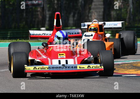 Imola, 27. April 2019: Historische 1974 Ferrari F1 Auto Modell 312B 3 ex Clay Regazzoni - Niki Lauda unbekannt in Aktion bei Minardi historischer Tag angetrieben Stockfoto