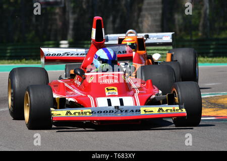 Imola, 27. April 2019: Historische 1974 Ferrari F1 Auto Modell 312B 3 ex Clay Regazzoni - Niki Lauda unbekannt in Aktion bei Minardi historischer Tag angetrieben Stockfoto