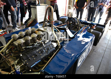 Imola, 27. April 2019: Detail der Historischen 1976 F1 Tyrrell P34 ex Ronnie Peterson von Pierluigi Martini in die Box gefahren bei Minardi historischer Tag 201 Stockfoto