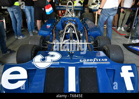 Imola, 27. April 2019: Detail der Historischen 1976 F1 Tyrrell P34 ex Ronnie Peterson von Pierluigi Martini in die Box gefahren bei Minardi historischer Tag 201 Stockfoto