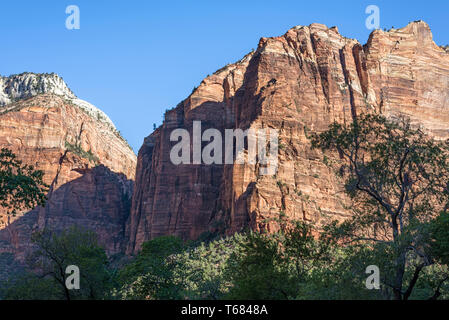 Blick auf felsformationen vor der Zion Lodge. Zion National Park, Utah, USA. Stockfoto