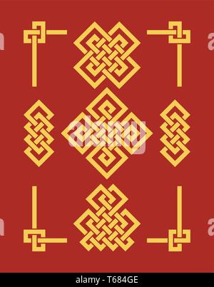 Endlose Auspicious Knoten gesetzt. China Ornament - Symbol für Tibet, Ewige, Buddhismus und Spiritualität. Feng Shui Element, geometrische Verzierung. Heilige geom Stock Vektor