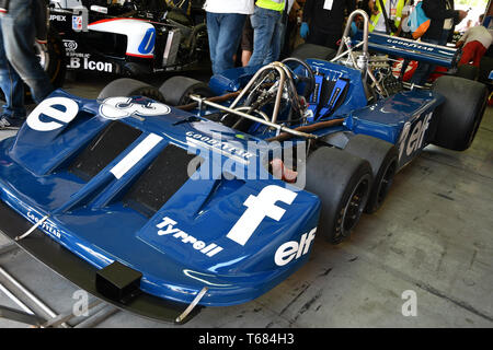 Imola, 27. April 2019: Detail der Historischen 1976 F1 Tyrrell P34 ex Ronnie Peterson von Pierluigi Martini in die Box gefahren bei Minardi historischer Tag 201 Stockfoto