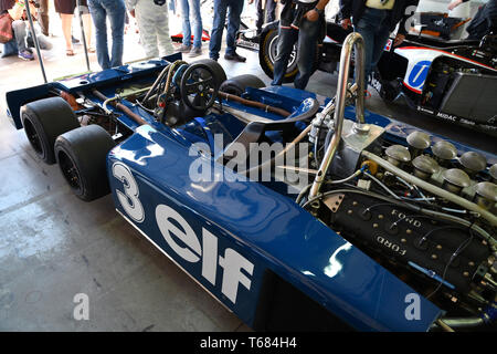 Imola, 27. April 2019: Detail der Historischen 1976 F1 Tyrrell P34 ex Ronnie Peterson von Pierluigi Martini in die Box gefahren bei Minardi historischer Tag 201 Stockfoto