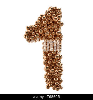 Goldene Zahl 1 von gold Kugeln, 3D-Rendering auf weißem Hintergrund Stockfoto