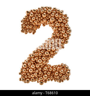 Goldene Zahl 2 von gold Kugeln, 3D-Rendering auf weißem Hintergrund Stockfoto
