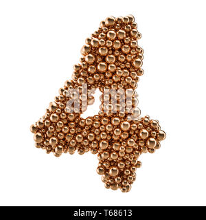Goldene Zahl 4 von gold Kugeln, 3D-Rendering auf weißem Hintergrund Stockfoto