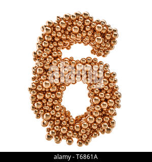 Goldene Zahl 6 von gold Kugeln, 3D-Rendering auf weißem Hintergrund Stockfoto