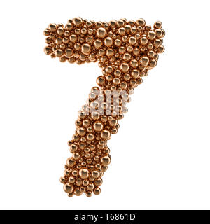 Goldene Zahl 7 von gold Kugeln, 3D-Rendering auf weißem Hintergrund Stockfoto