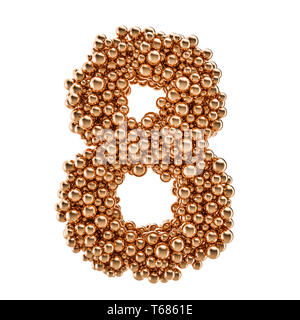 Goldene Zahl 8 aus gold Kugeln, 3D-Rendering auf weißem Hintergrund Stockfoto