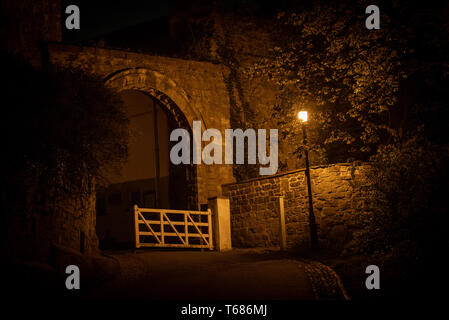 In der Nacht Foto des Watergate in Durham im Süden Bailey von vorbiegungen Brücke, beleuchtet vom Licht einer Straßenlaterne Stockfoto